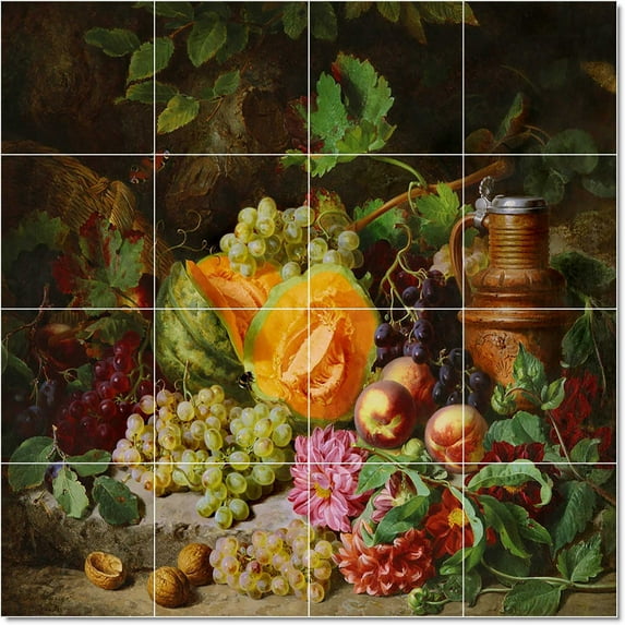 Ceramic Tile Mural-Josef Lauer Flowers Tile Mural Commercial Art. 17" w x 17" h using (16) 4.25 x 4.25 ceramic tiles