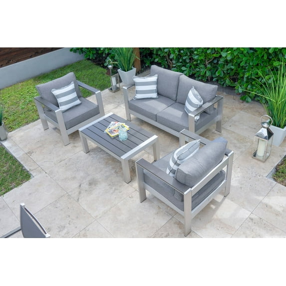 Belvedere 4-Piece Brushed Aluminum Outdoor Patio Furniture Conversation Sofa Set w/ Loveseat Sofa, Two Armchairs, and Coffee Table