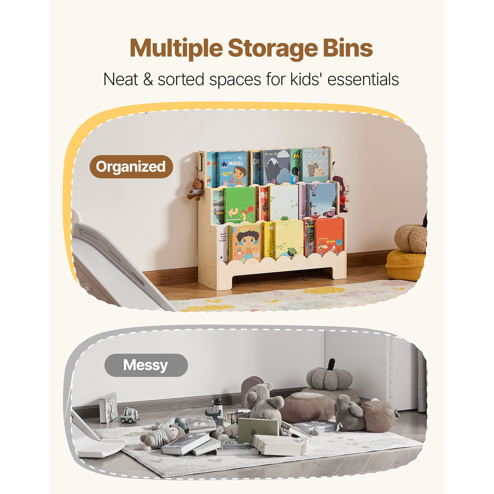 KFFKFF Montessori-Inspired 3-Tier Kids Bookshelf with Scalloped Design, Front-Facing Bookcase for Toddlers, Includes Dual Hooks for Backpacks, Ideal for Kids' Rooms, Living Areas, Entryways