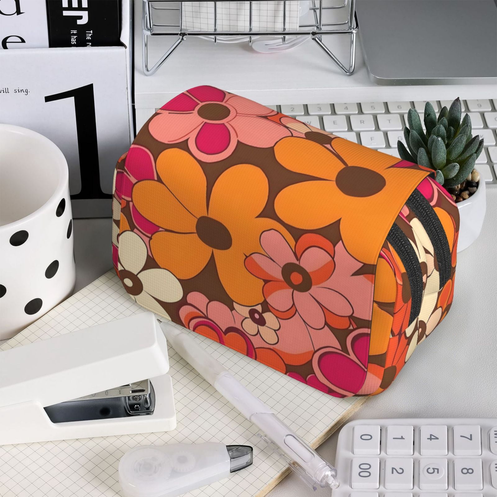 Large-Capacity Flip-Top Double-Layer Pencil Case, Multi-Functional Pocket Pen Case, Durable Stationery Organizer Retro Groovy Flowers Pattern (14)