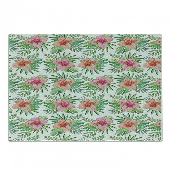 Luau Cutting Board, Print of Hawaiian Hibiscus Monstera Palm Leaves Blossoming, Decorative Tempered Glass Cutting and Serving Board, in 3 Sizes, by Ambesonne