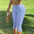 thumbnail image 5 of MLQIDK Capris for Women Lounge Pants Knee Length Elastic Waist Plaidped Pants Dressy Casual Pedal Pushers with Pockets Light Blue M, 5 of 6