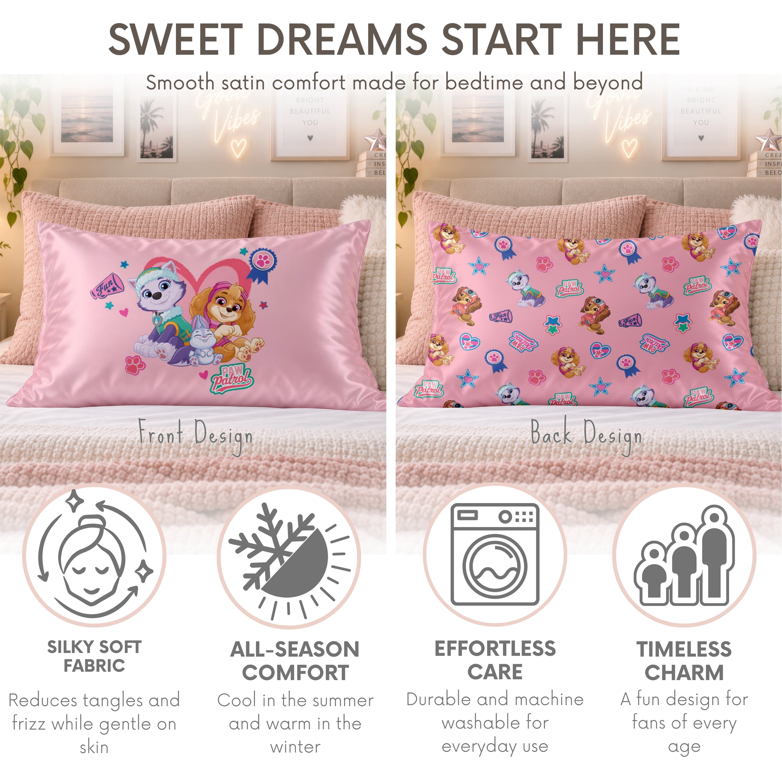 PAW Patrol Pink Reversible Silky Satin Pillowcase, Standard Size, 1-Pack