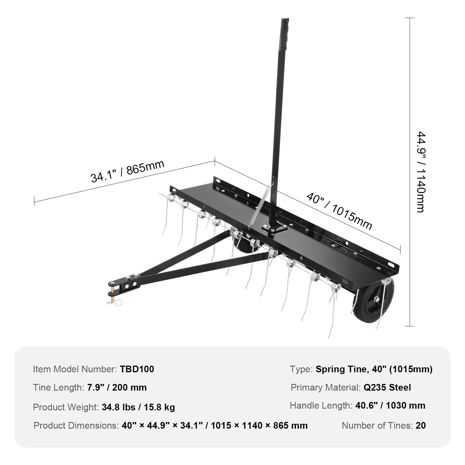 KFFKFF Tow Behind Dethatcher 40" Lawn Dethatcher Rake for ATV or Mower 20 Tines