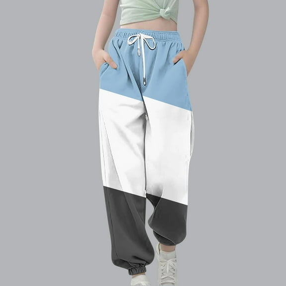 SGFCWSX Sweatpants for Girls Elastic Waist Drawstring Fashion Print Tapered Leg Soft Jogger Pants Blue Size 3-4 Years