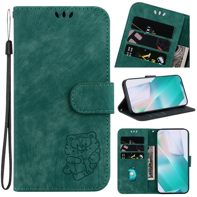 Compatible with Samsung Galaxy A34 5G Embossed Cute Tiger Flip Folio Wallet Case Card Pocket Holder Cover