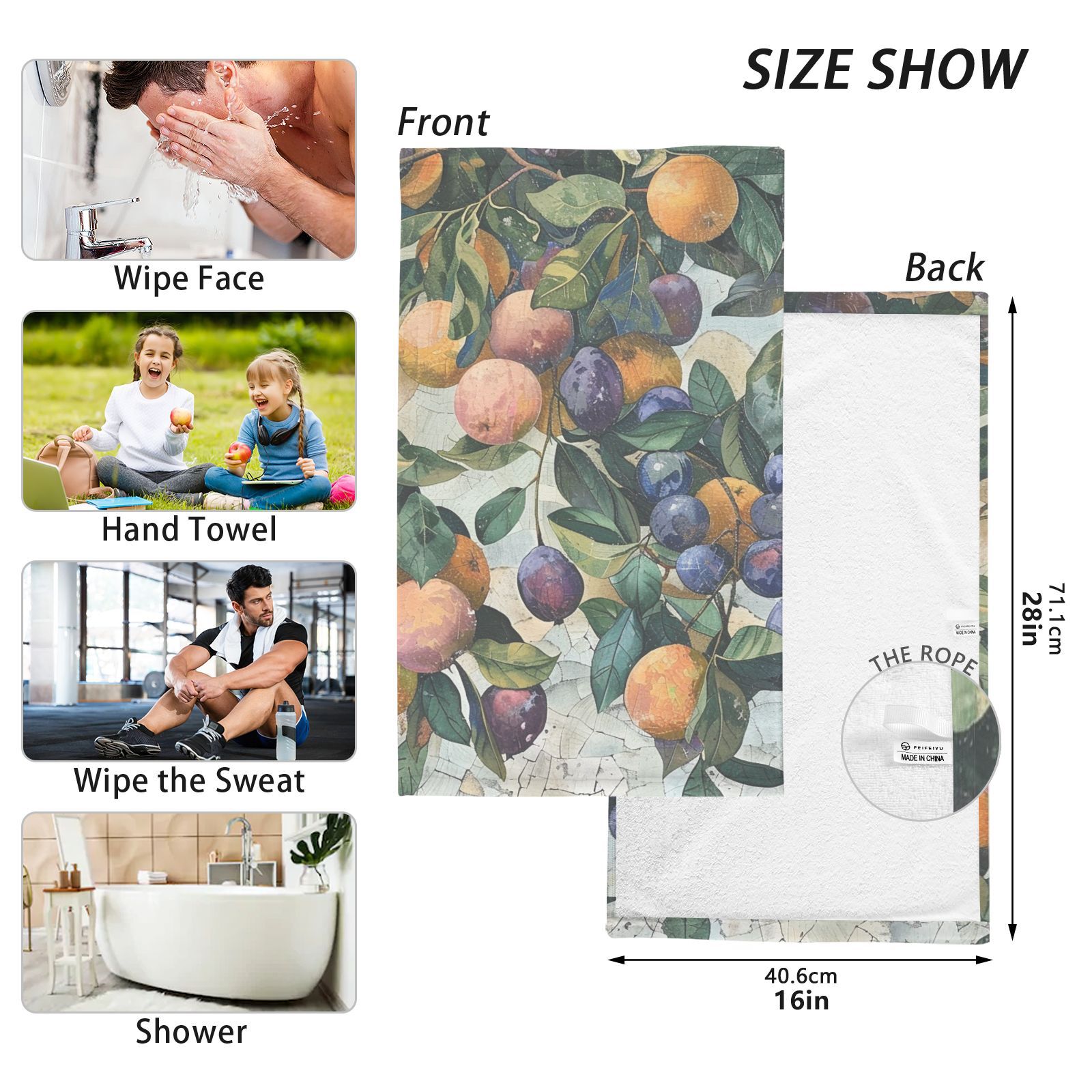 Fruit Leaves Print Hand Towels Cotton Bath Towels Large Face Towels Absorbent for Bathroom 2 Packs
