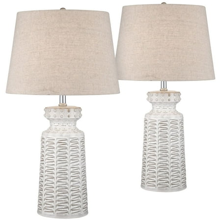Country Cottage Bed Linen Collection 360 Lighting Country Cottage Table Lamps Set of 2 Ceramic Rustic White Glaze Linen Shade for Living Room Family Bedroom Bedside ()
