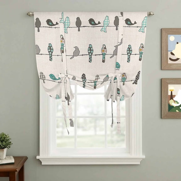 Birds on the Wire Teal Grey Burlap Background Tie Up Curtain 63 Inches Long, Balloon Style Kitchen Window Curtain Over Sink, Small Window Rod Pocket Curtain 46"x63"