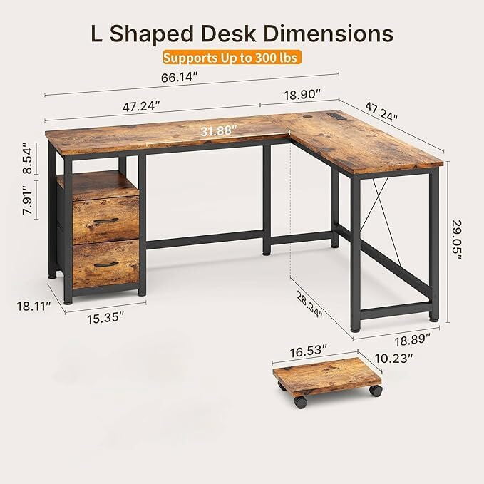 Asofer 66” L Shaped Desk with Drawers, Reversible Corner Computer Gaming Desk with Power Outlet, Rustic Brown