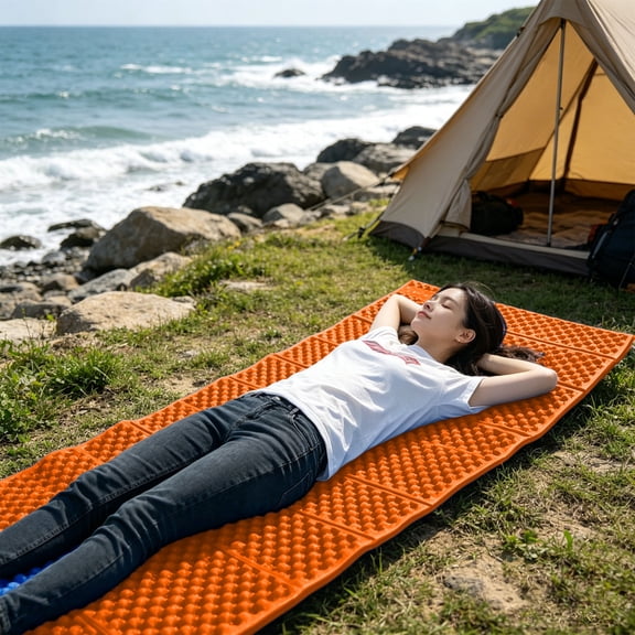 Lightweight Foldable Foam Camping Sleeping Pad, Waterproof Moisture-Proof Non-Slip Insulated Mat, Compact Portable Cushioned Ground Mat for Hiking Backpacking Picnic Outdoor Adventures, Orange