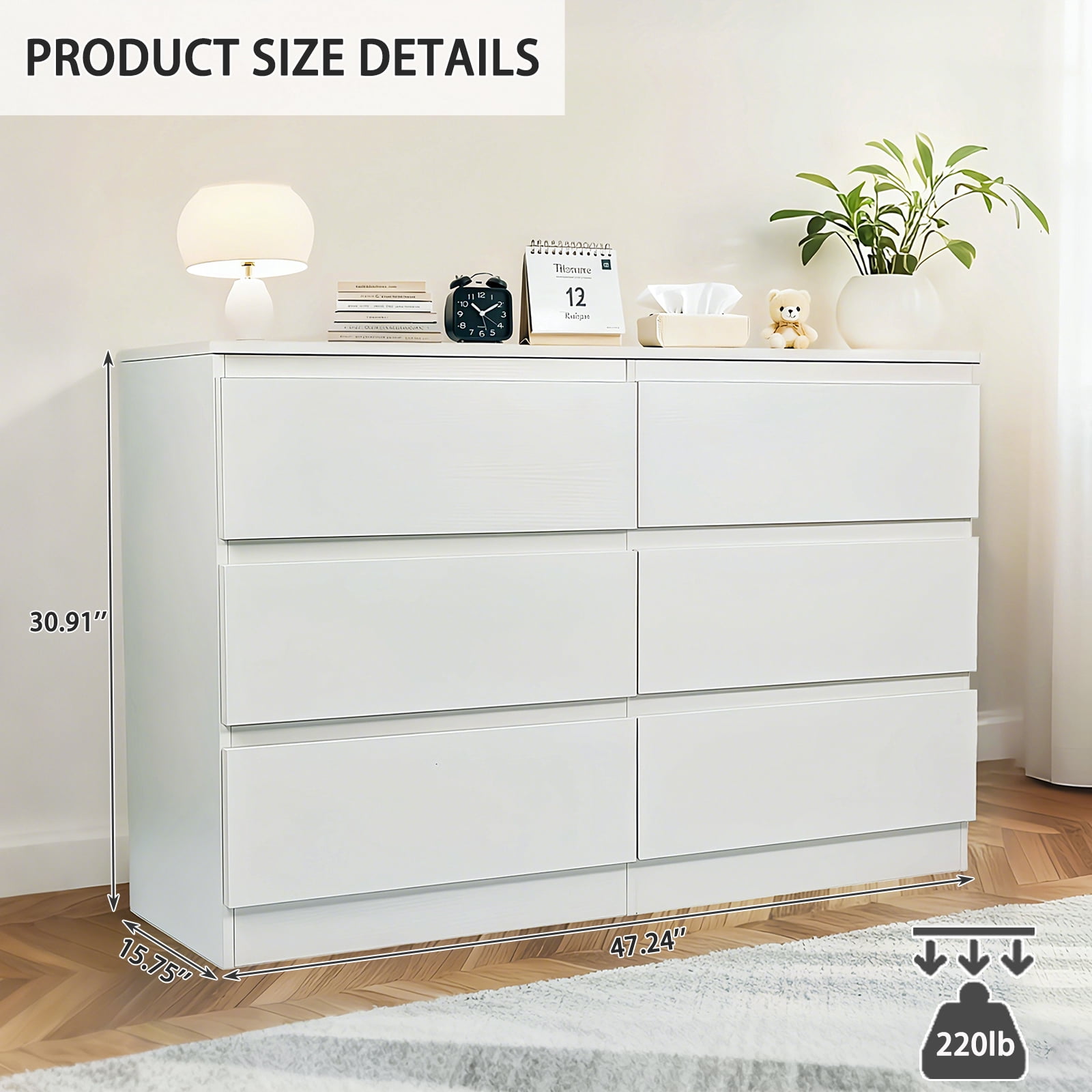 6 Drawer Dresser,Modern Dresser Wood Storage Cabinet with Concealed Handles & 6 Deep Drawers for Bedroom, Living Room, Entryway,White