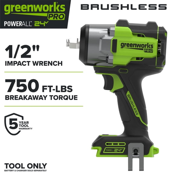 Greenworks Pro PowerAll 24V Brushless 1/2" 750 lbs Breaking Impact Wrench, Tool Only, IW5800A3