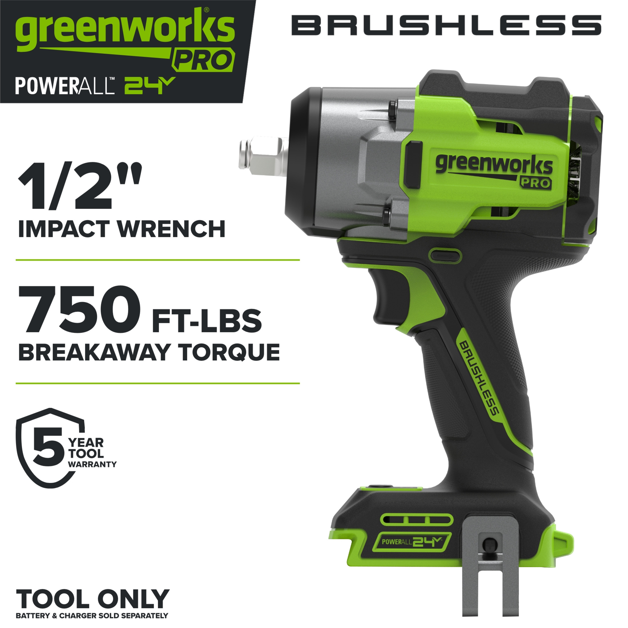 Greenworks Pro PowerAll 24V Brushless 1/2" 750 lbs Breaking Impact Wrench, Tool Only, IW5800A3