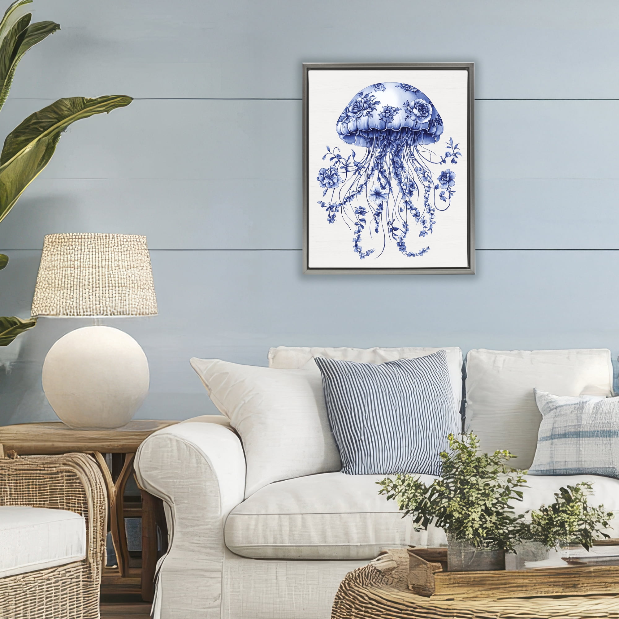 Funky Vintage Toile Jellyfish Gray Framed Floater Canvas Wall Art, design by Lettered and Lined