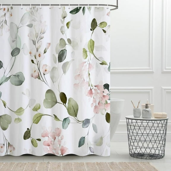Sage Green Eucalyptus Shower Curtain, Green and Pink Shower Curtain Set for Bathroom Waterproof Pink Floral Shower Curtain Set with Hooks, 84x84 Inch