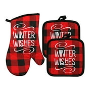 3PC Christmas House Winter Wishes Black and Red Plaid Potholders and Oven Mitts