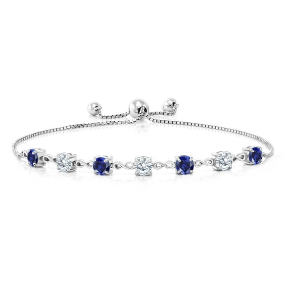 Gem Stone King 925 Sterling Silver Blue Created Sapphire and White Moissanite Tennis Bracelet for Women (2.39 Cttw, Round 4.5MM, Fully Adjustable up to 9 inch)