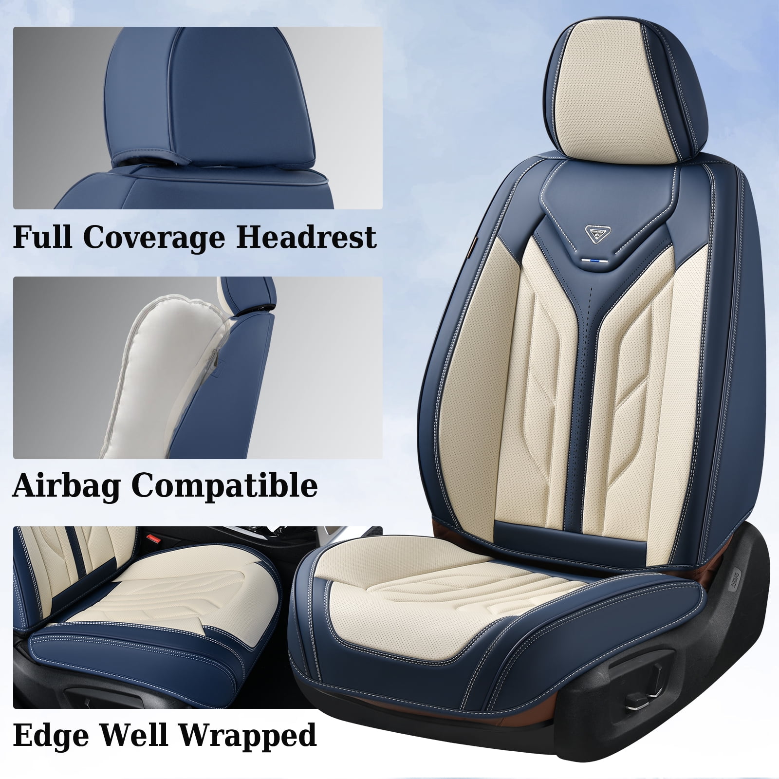 Coverado Car Seat Covers Full Set, Waterproof Airbag Compatible Faux Leather Front and Back Car Seat Protectors, Universal Fit for Most Sedans SUV Pick-up Truck, Blue&Beige