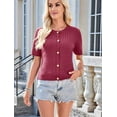 thumbnail image 2 of Dycnvjo Womens Summer Short Sleeve Cardigan Cable Knit Cropped Button Down Crewneck Sweater Tops Claret M, 2 of 8
