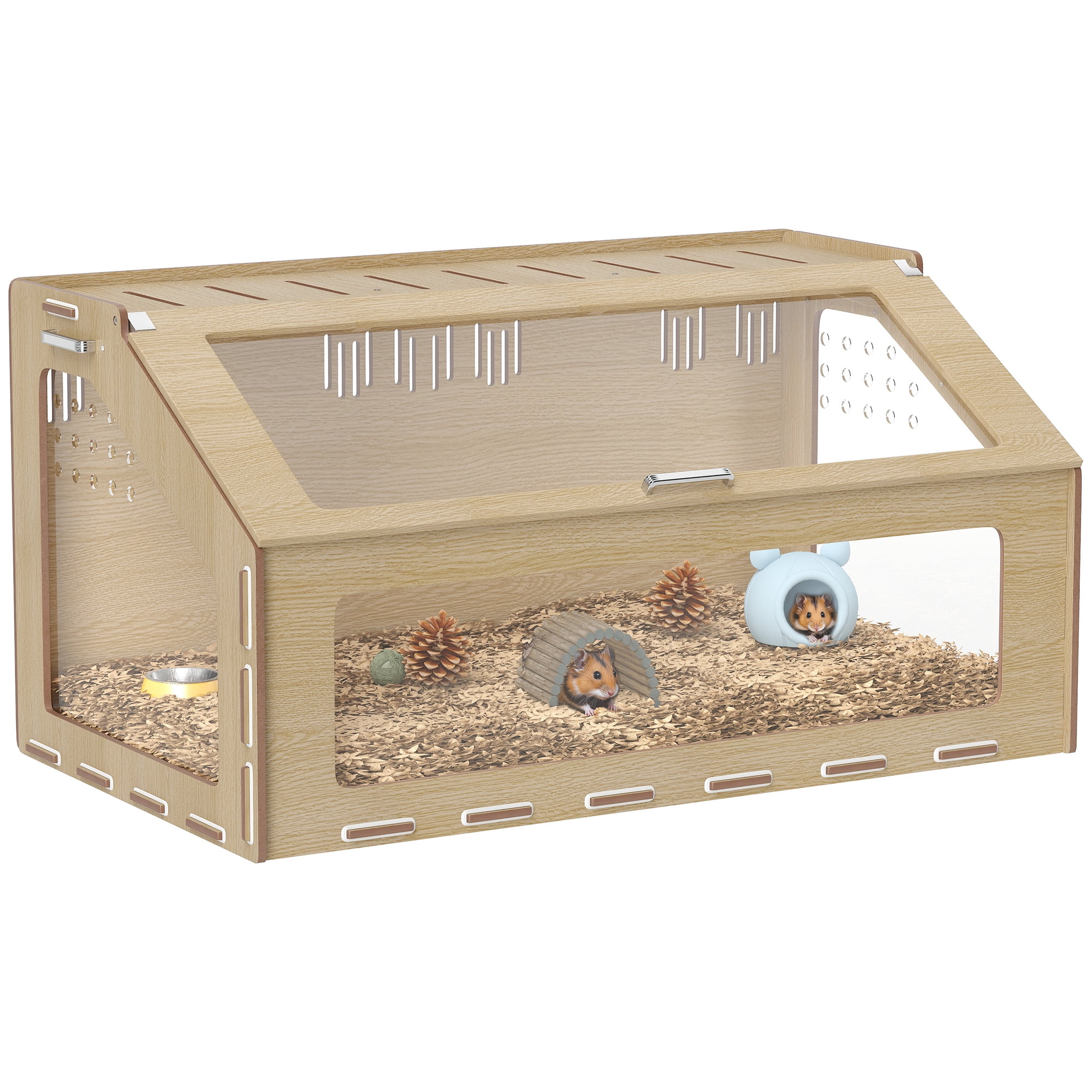 PawHut Hamster Cage Habitat with Acrylic Window & Openable Top, Small Animal Cage for Gerbil, Guinea Pig, Rat, 39" x 23" x 20", Oak