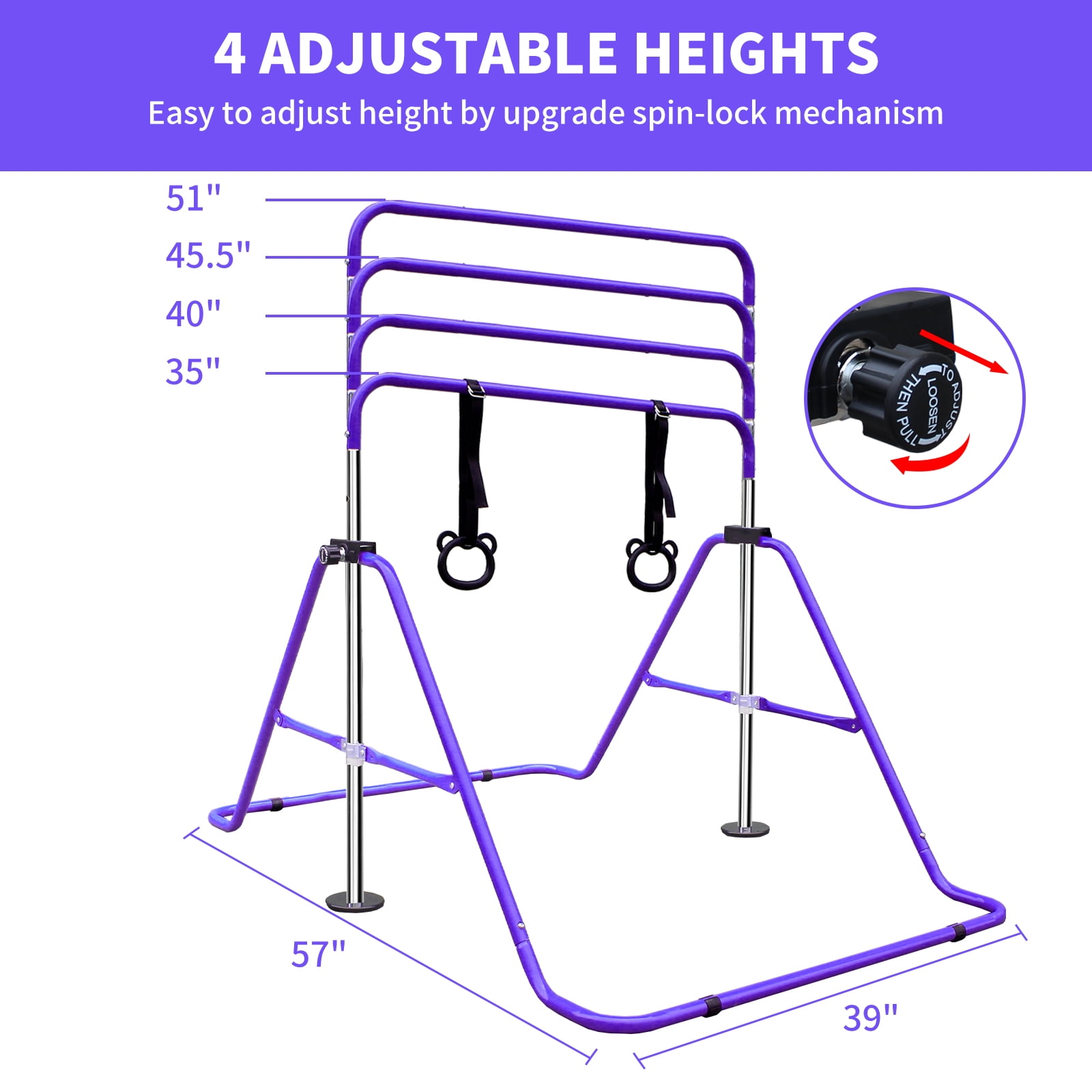Aukfa Expandable Gymnastic Bars,Adjustable Height Gymnastic Horizontal Bars for Kids, Folding Training Bars,Purple