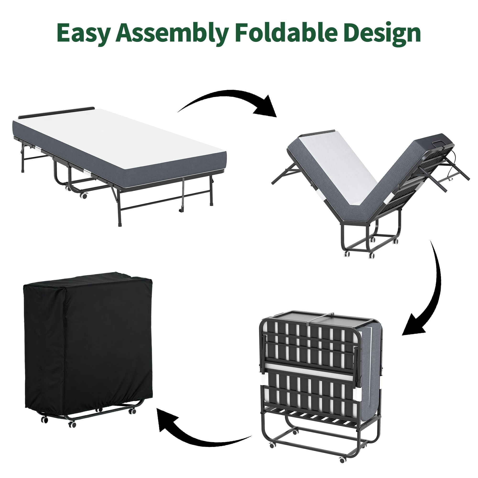 Folding Bed with Adjustable Headboard, 5 in Memory Foam Mattress, Metal Rollaway Guest Bed on Wheels, 75 in Long Twin Size Cot