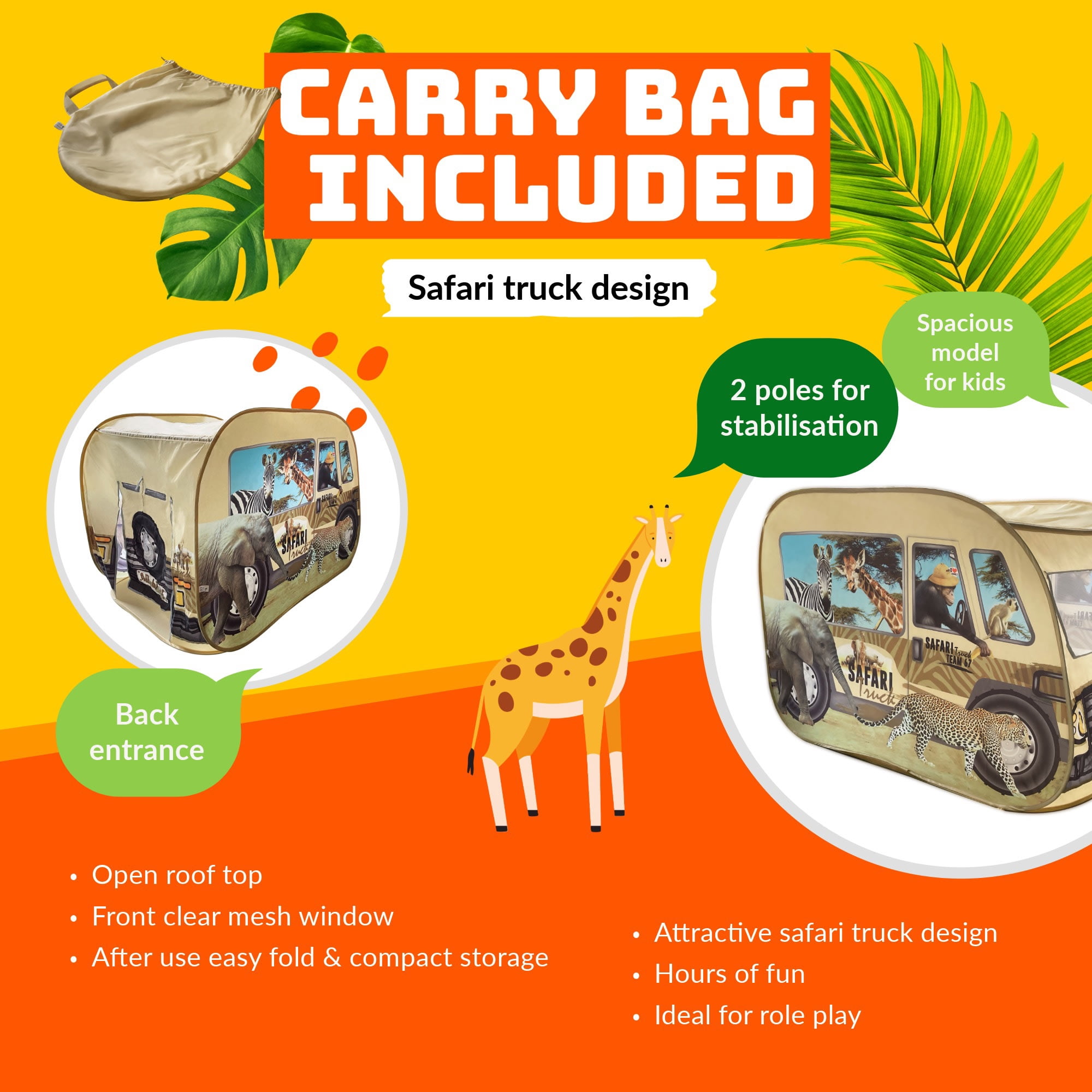 Pop It Up: Safari Truck Tent - Pop-Up Playhouse, Wildlife Animal Themed Design, Open Top, Indoor Outdoor Toy, Spacious Interior, Pretend Play, Kids 3+