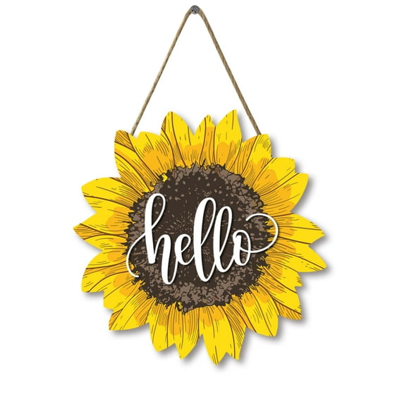 Sunflower Hello Wood Door Hanger 12 Inch Large Wooden Flower Sign Inspirational Wall Porch Art Summer Fall Front Door Wreath Hanging for Bedroom Living Room Indoor Outdoor Kitchen Home Decor