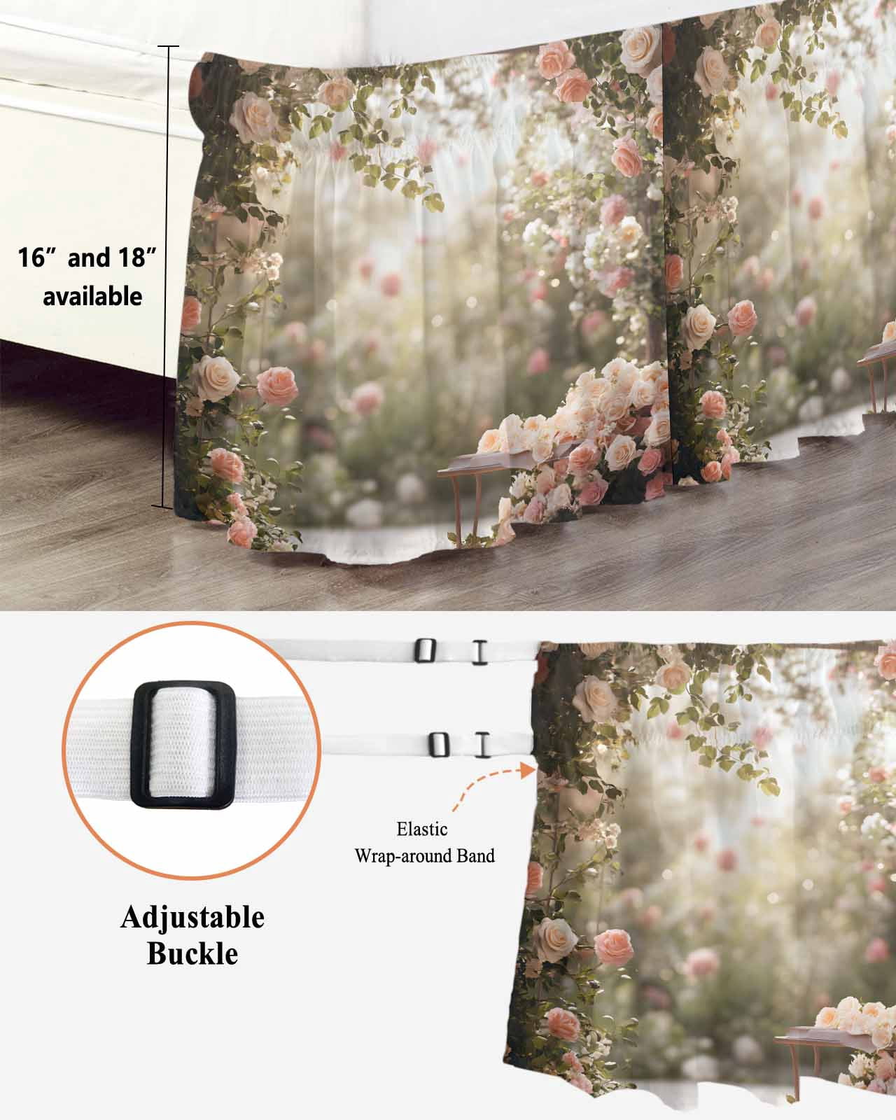 Spring Rose Ruffle Bed Skirt King Size Pastoral Romantic Plant Adjustable Elastic Dust Bed Skirts Wrap Around Bedskirt Wrinkle Free Easy Fit with 16 Inch Drop