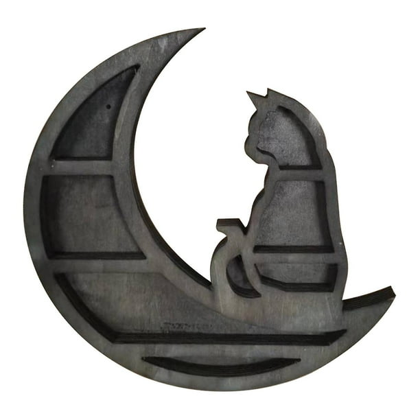 Estante de madera de cristal de gato en la luna para decoración gótica de piedra de cristales