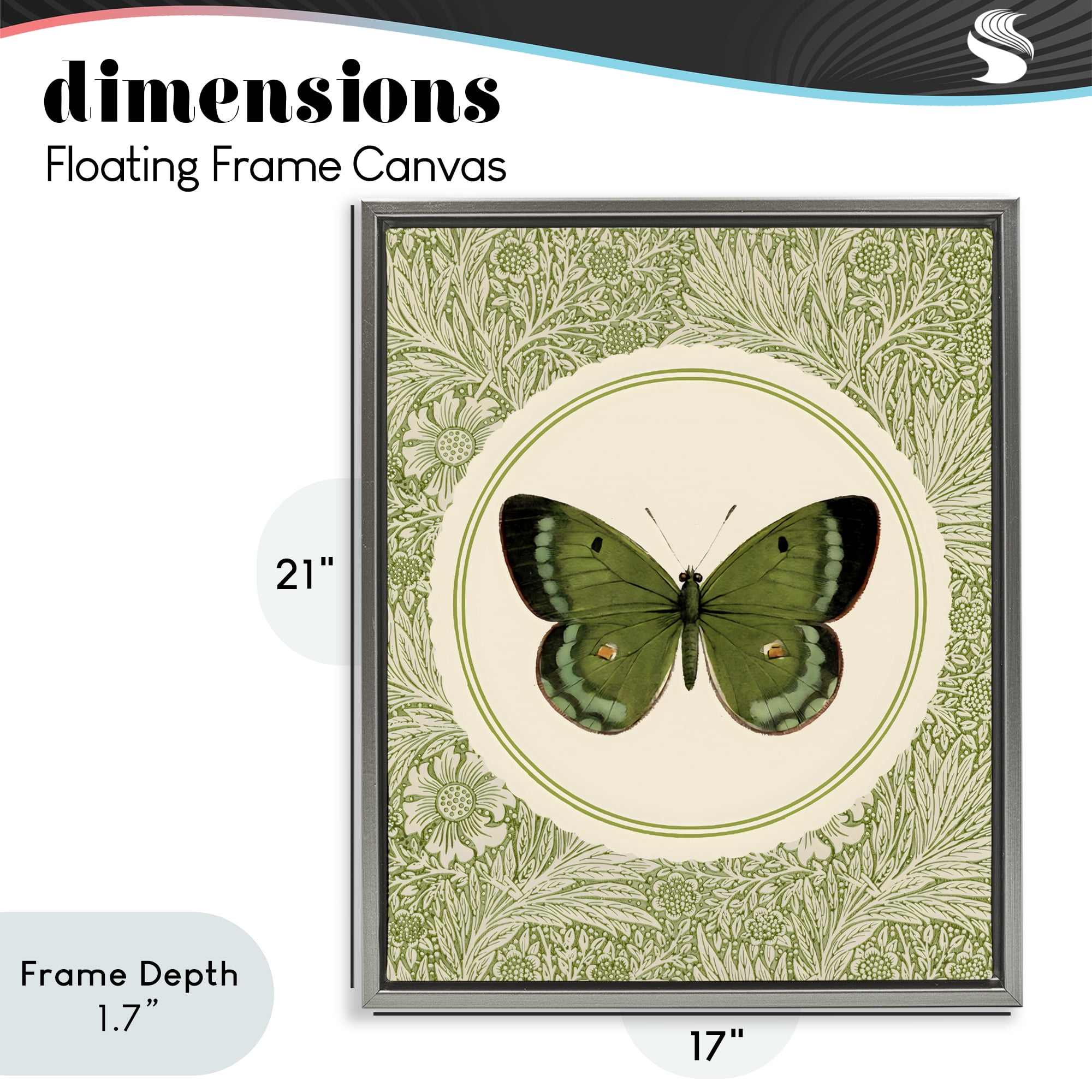 Stupell Industries Green Butterfly Botanical Medallion Gray Framed Floater Canvas Wall Art, design by LSR Design Studio