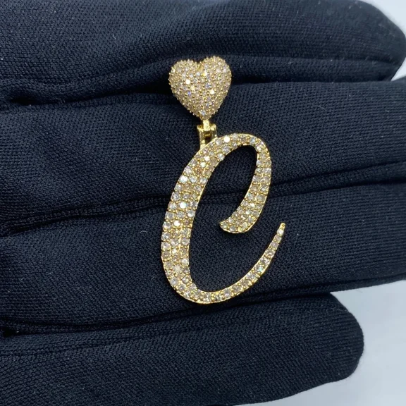 2Ct Moissanite Men's Custom Letter C Script Heart Pendant 14K Yellow Gold Plated