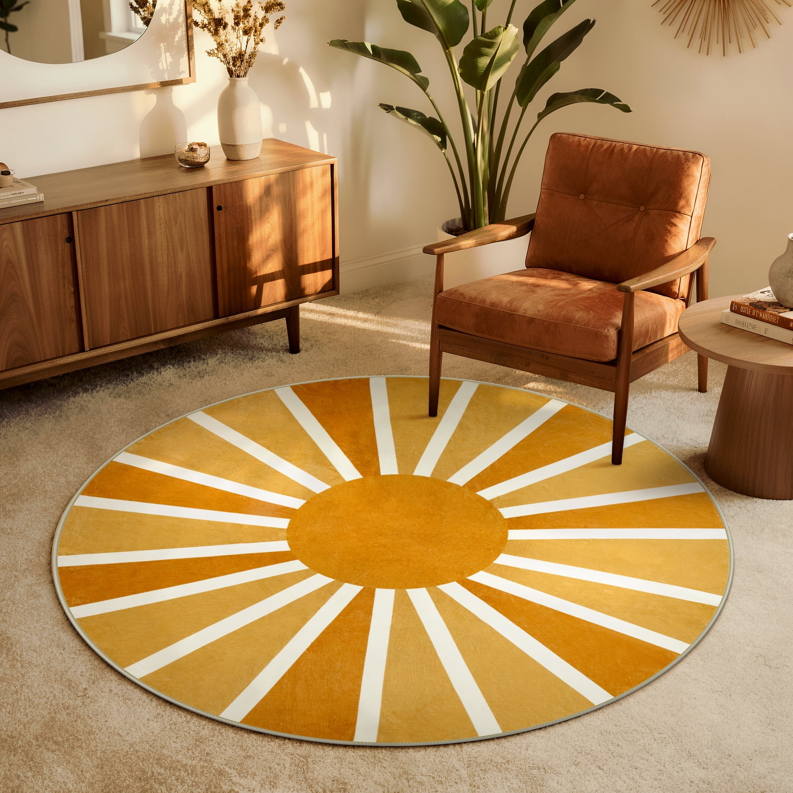 Lahome Boho Round Rugs,4ft Washable Non-Slip Small Round Area Rug Throw Soft Sofa Kids Nursery Room Rug Rainbow Sun Print Distressed Round Carpet for Bedroom Entryway Living Room Dining Room