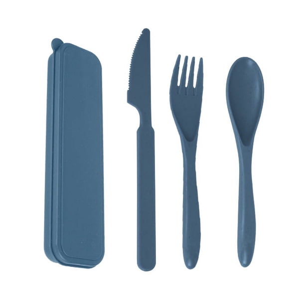 Zhuge Juego de 2 utensilios de viaje portátiles, cuchillo, tenedor y cuchara de paja de trigo reutilizables, vajilla para viajes, picnic, camping o uso diario (azul)
