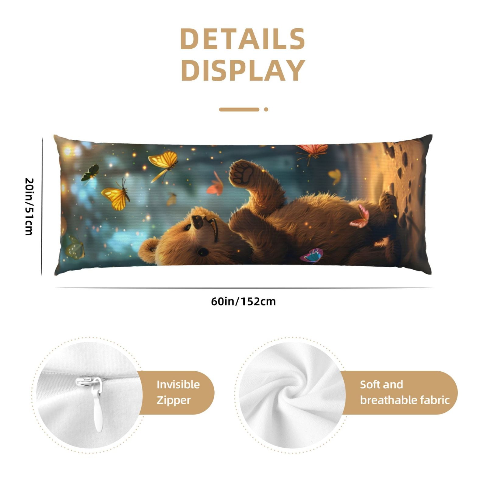 Naloa Cute Butterfly Bear Super Soft 20x60 Body Pillow Case,Long Side Hidden Zipper（PILLOWS ARE NOT INCLUDED）