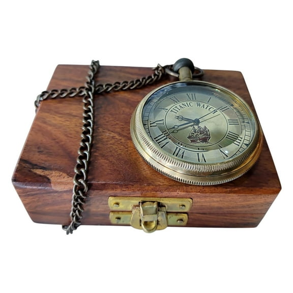 Titanic Compass Pocket Watch with Chain & Wooden Gift Box | Antique Brass Finish | Maritime Treasures