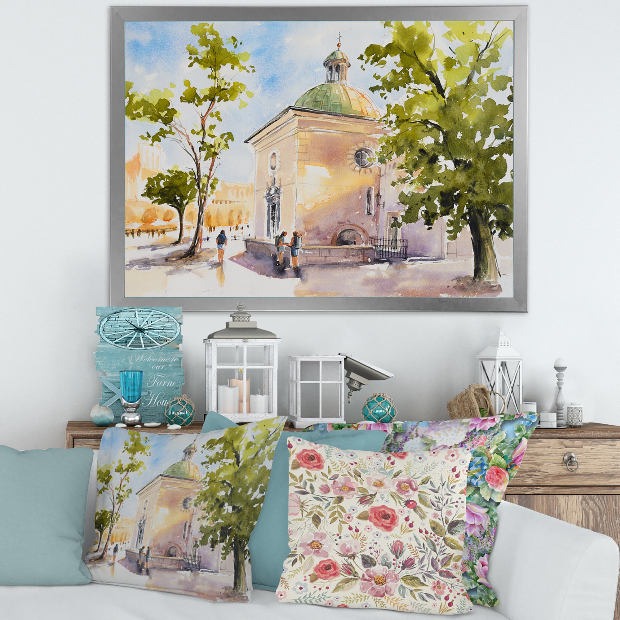 Designart 'People At Rustic Church In The Village' Country Framed Art Print