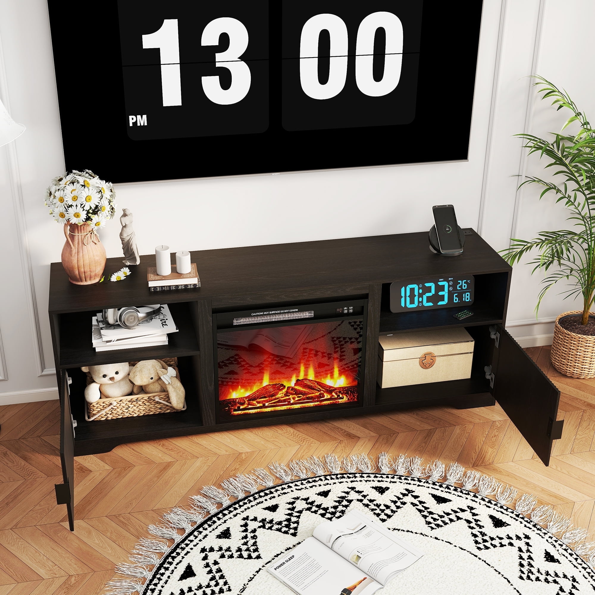 LUCKYELF Fireplace TV Stand, Entertainment Center for TVs up to 80", Wood Media Console for Living Room, Bedroom, Black