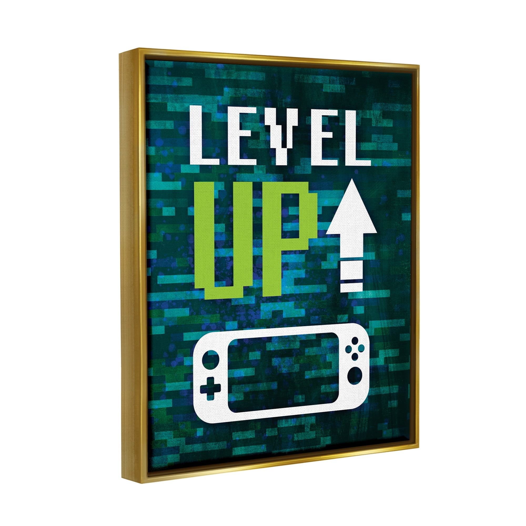 Stupell Industries Level Up Video Gaming Pixel Text Design Graphic Art Metallic Gold Floating Framed Canvas Print Wall Art, Design by Victoria Barnes