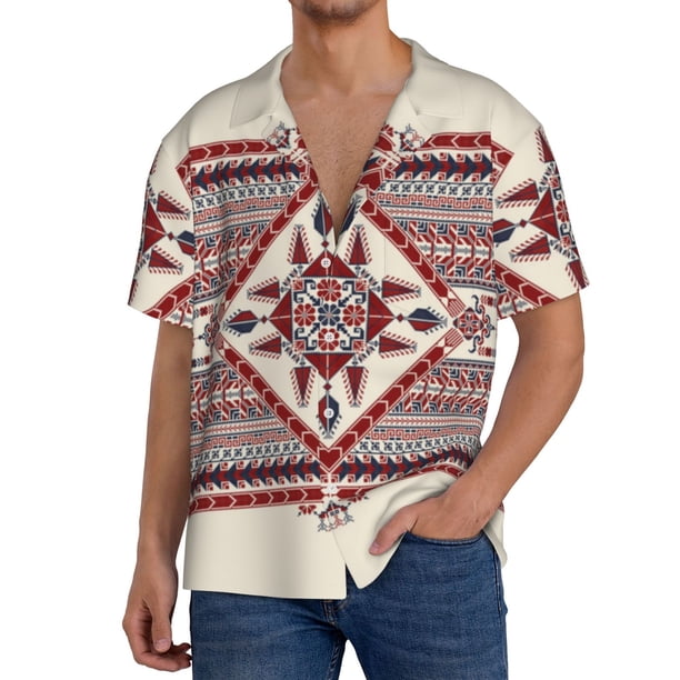 Fotbe Fashion Tatreez Camisa Estampada de Manga Corta para Hombre, Casual de Verano, Estilo Playero, Sin Arrugas-X-Large