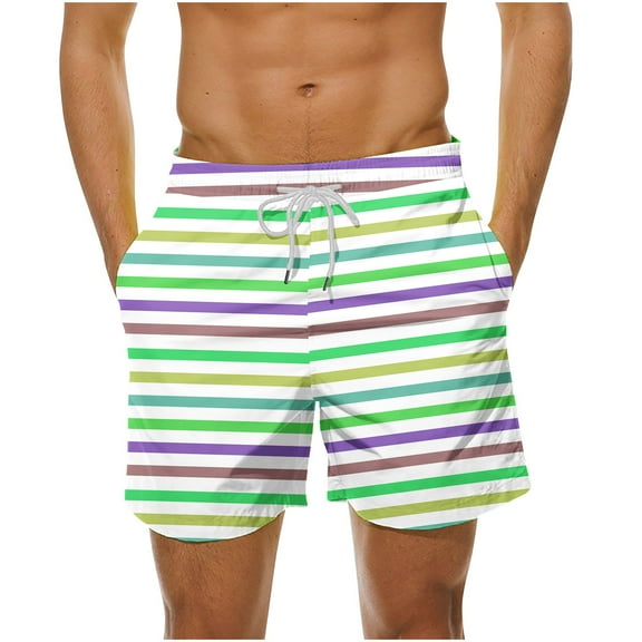 LYEAA Men's Swim Board Shorts Elastic Waist Summer Beach Big Swimming Trunks Stripe Drawstring Surf Shorts Casual Loose Sports Trendy Comfort Swimsuit Bathing Suit with Pockets Green L