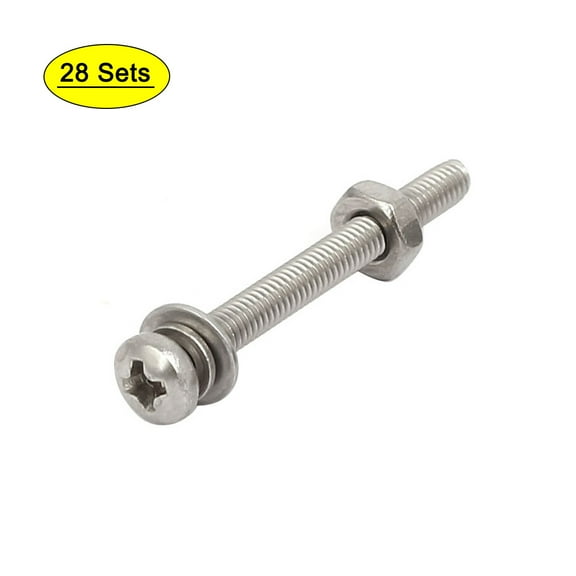 M2.5x25mm 304 Stainless Steel Pan Head Bolt Screw Nut w Washer 28 Sets