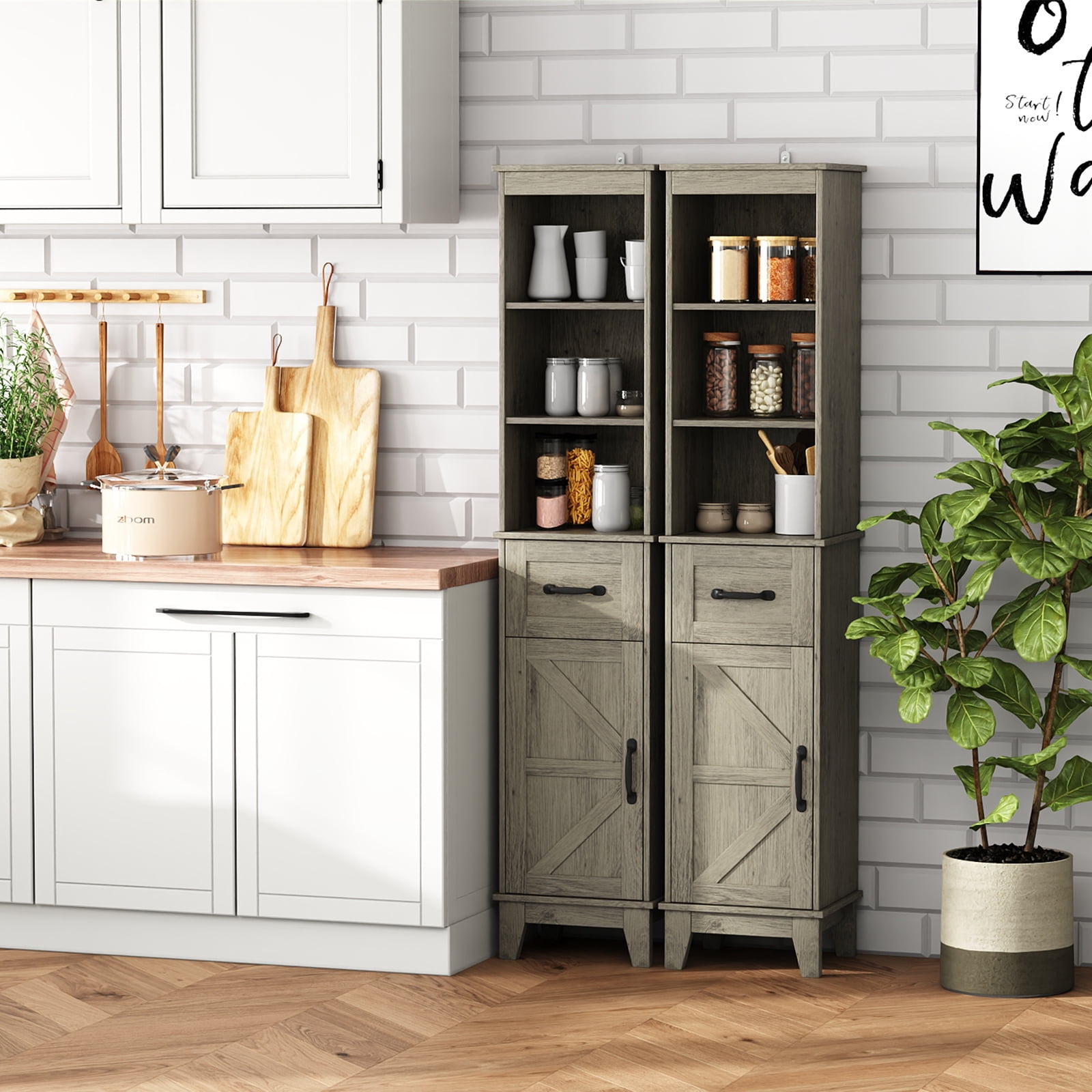 IDEALSOUL Tall Bathroom Storage Cabinet, Narrow Bathroom Storage, Freestanding Linen Cabinet with Barn Door and Drawer, Gray