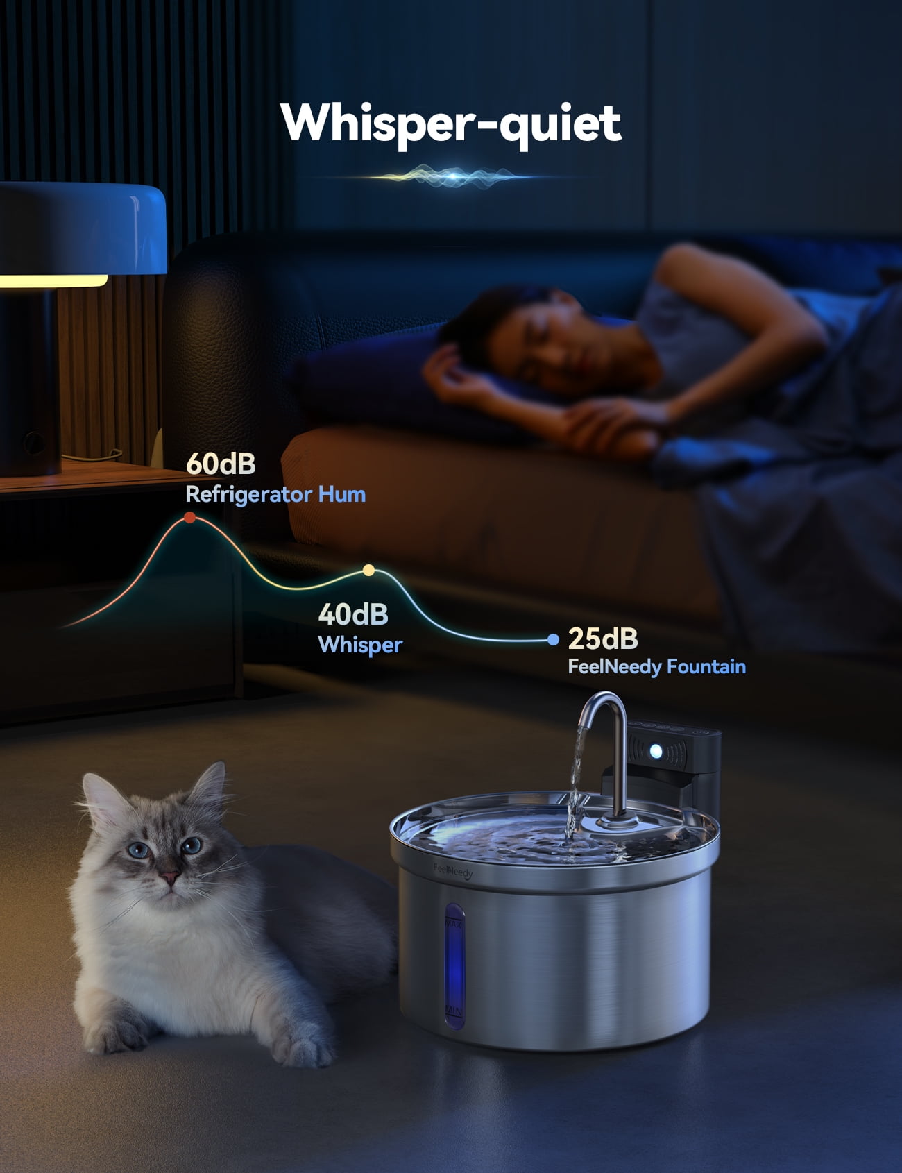 FeelNeedy Cat Water Fountain Stainless Steel, 118oz/3.5L Wireless Pet Fountain, Battery Operated Cat Fountain, Automatic Water Dispenser with 3 Filters for Cats and Dogs