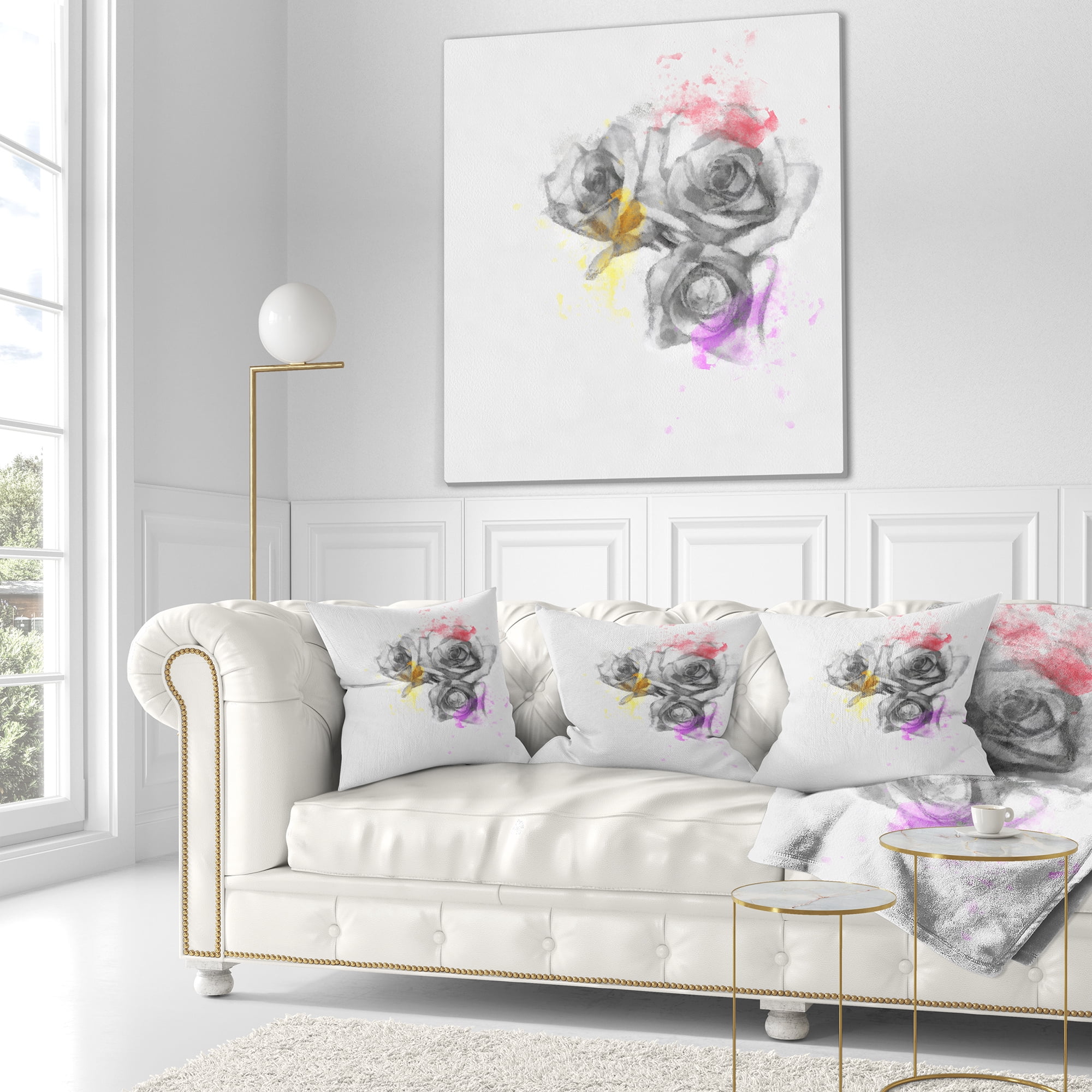 Designart Black White Watercolor Rose Sketch - Floral Throw Pillow - 18x18