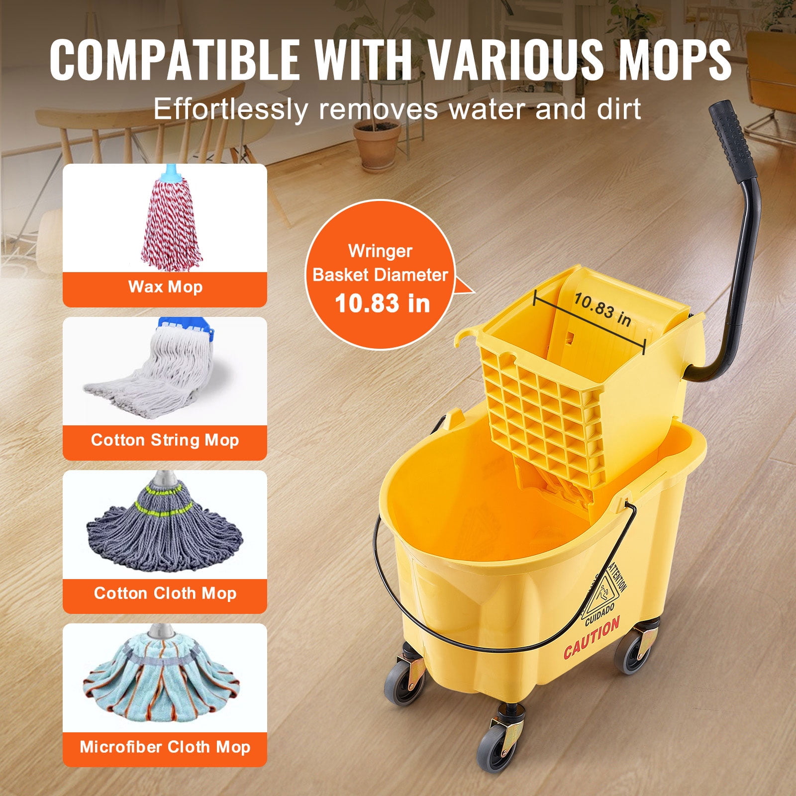 KFFKFF Commercial Mop Bucket with Wringer 26 Qt. Rolling Floor Cleaning Trolley