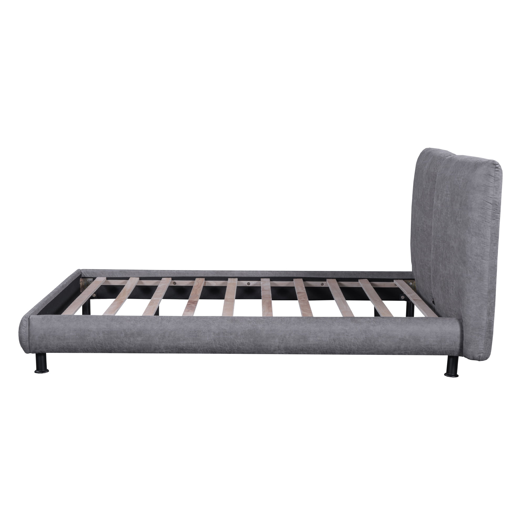 PORKISS Queen Size Platform Bed, Polyester Upholstered Platform Bed with Two Large Headrests, Modern Platform Bed with Thick Fabric, Classical Queen Bed for Bedroom, No Box Spring Needed, Gray