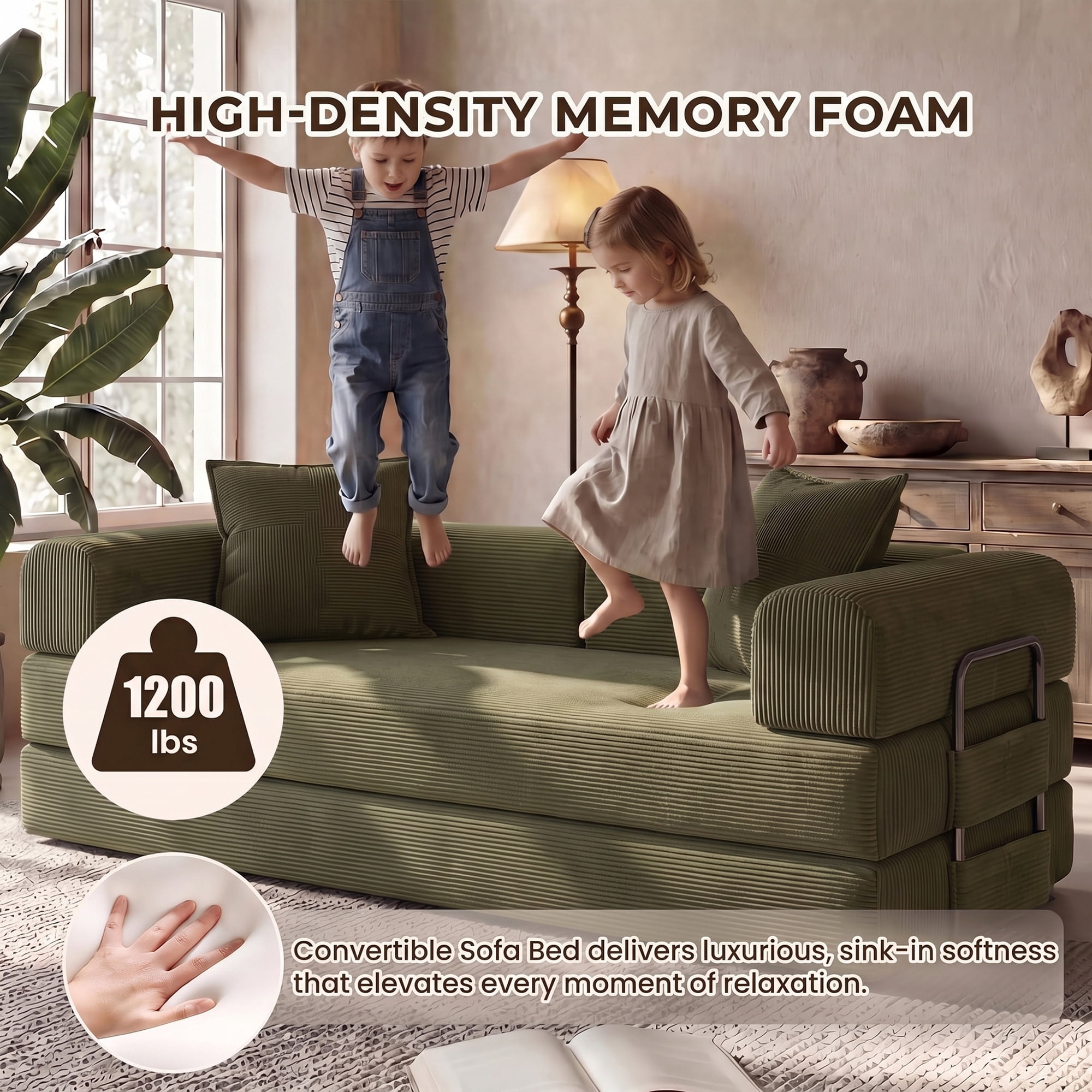 Aukfa 79" Convertible Futon Sofa Bed with Fixed Frame, 5-in-1 Boneless Couch for Living Room, Corduroy, Green