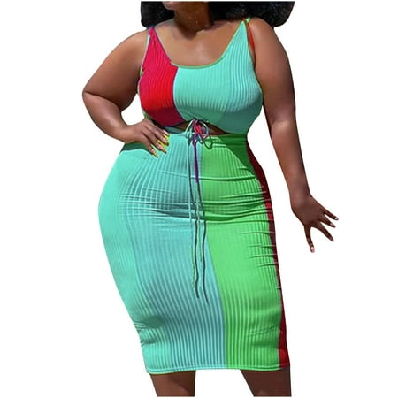 

Women s Splicing Dresses Block Color Round Neck Casual Summer Turtleneck Dress Short Sleeve Drawstring Two-piece Pleated Pluse Size Slim Suit Dress